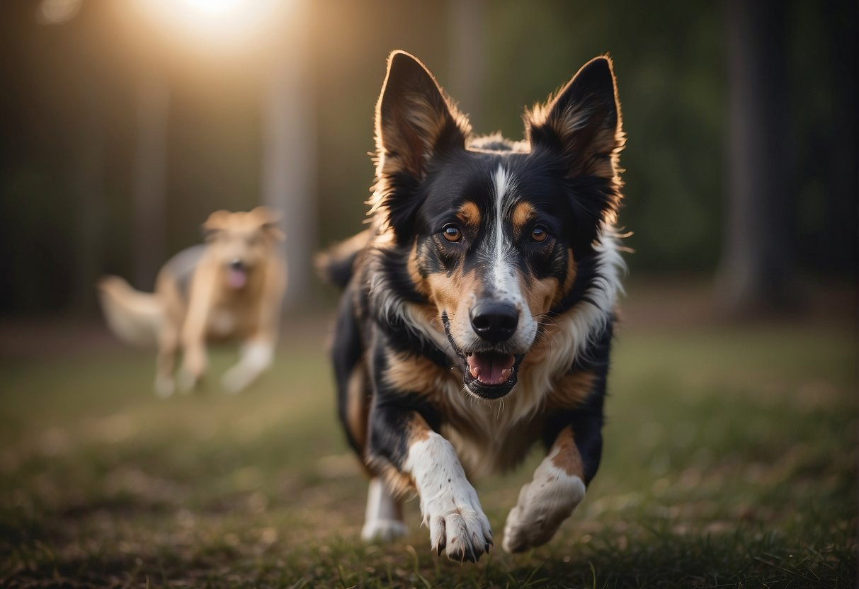 dog running away from another dog in a park with the sunset in the background