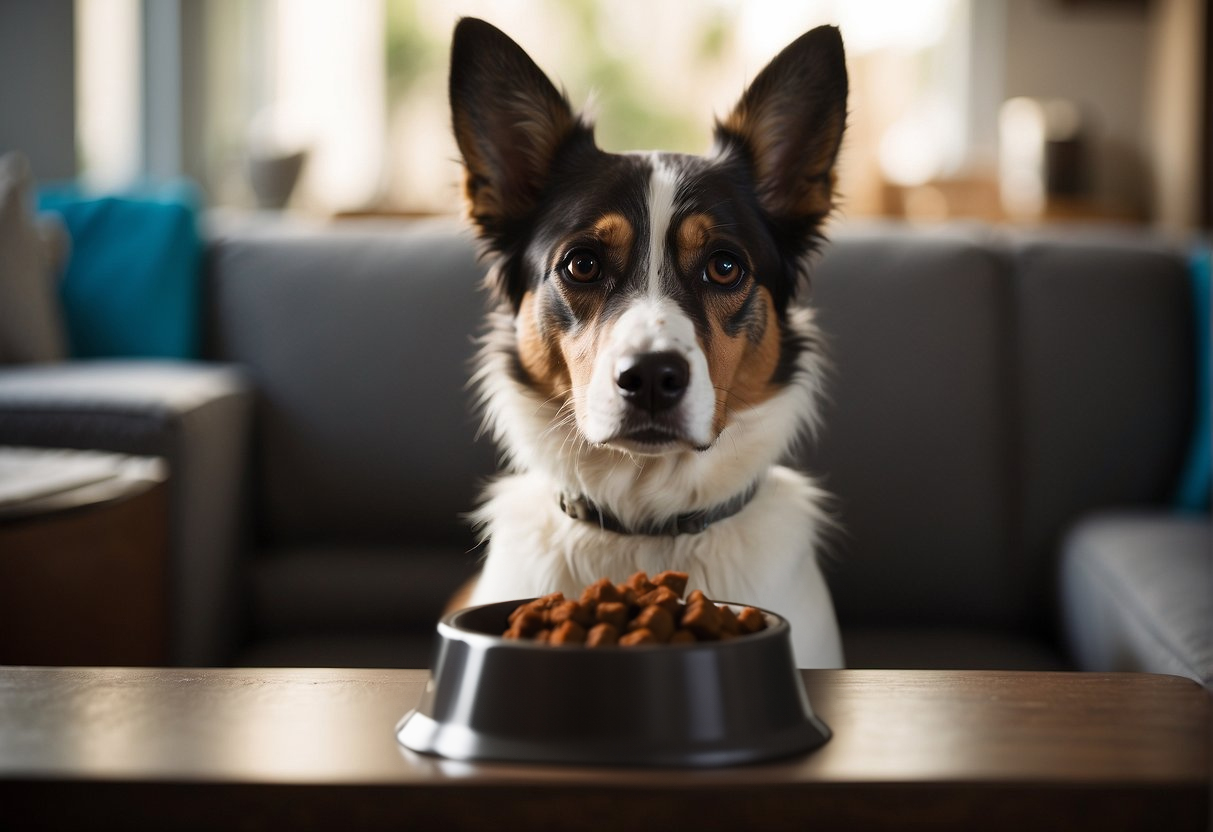 A dog sitting behind a bowl of food, looking directly at the camera.