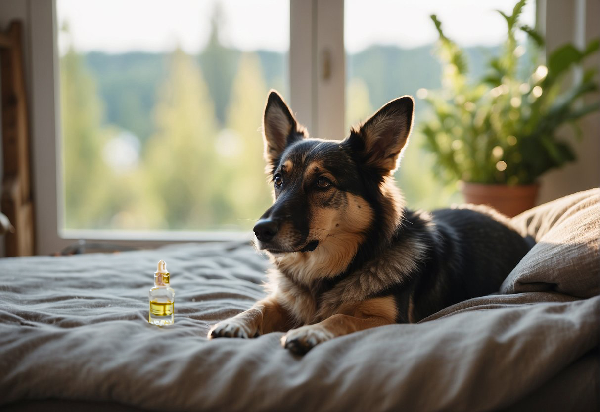 A dog lying on a bed near a bottle of essential oil, which may help with anxiety.