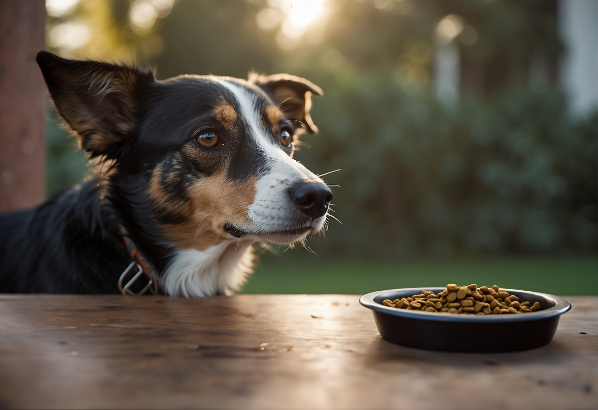 A dog attentively looking away with a bowl of food in front of it, illuminated by soft sunlight.