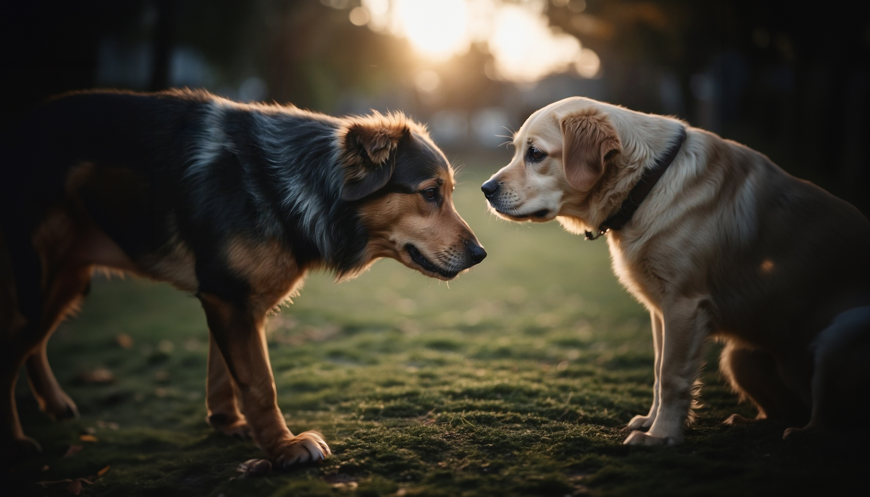 my dog is scared of me but not my wife - Two dogs staring at each other.