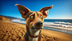 A dog afraid of water is standing on the beach near the ocean.