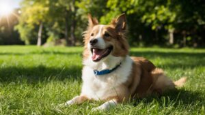 A medium-sized, brown and white dog with a blue collar is lying on green grass in a park, looking content with its mouth open.