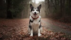 A black and white dog with a red collar sits on a leaf-covered path in a forest, looking directly at the camera.